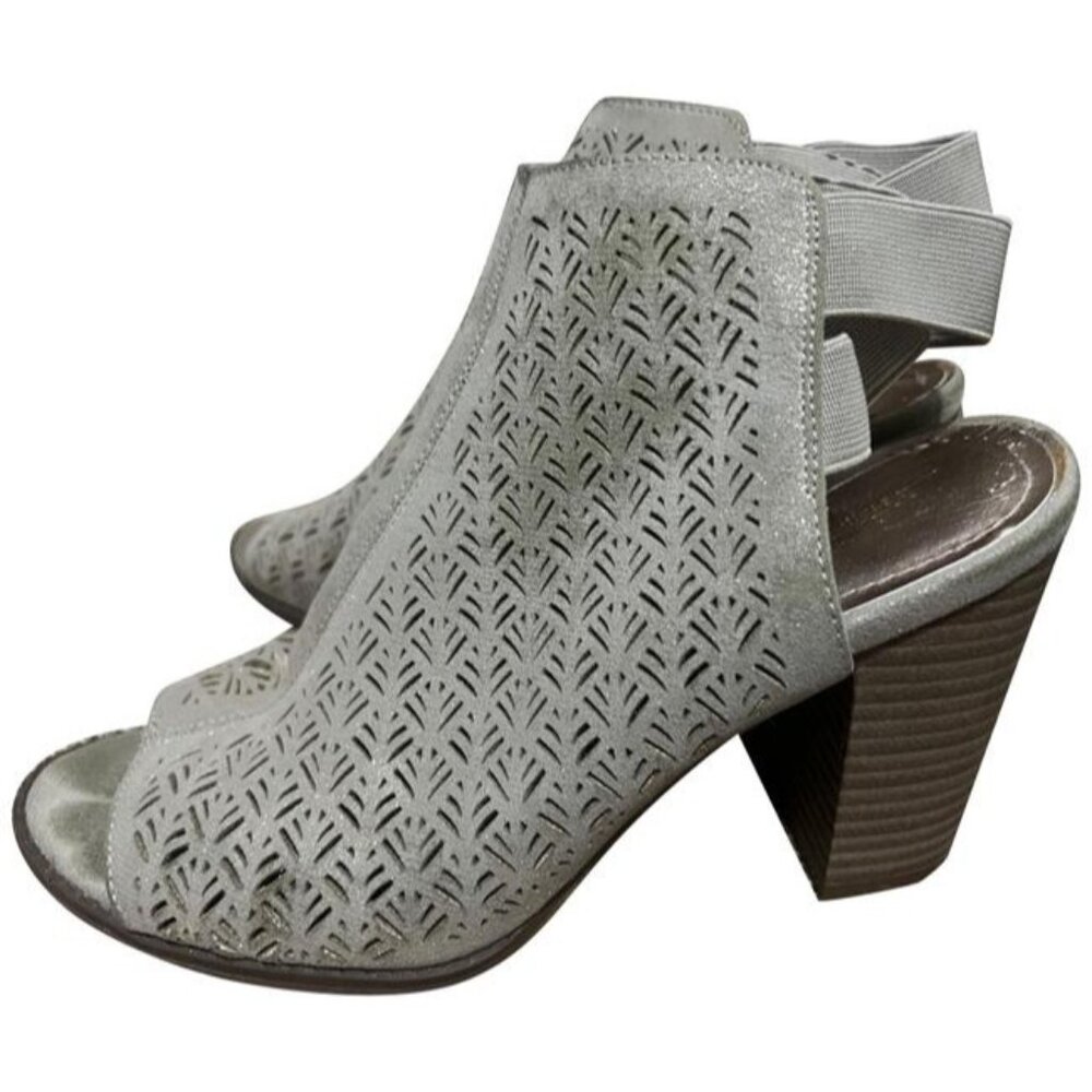 Kenneth Cole Beige Gold Shimmer Open Toe Ankle Booties Sz 8 Chunky Heel Womens